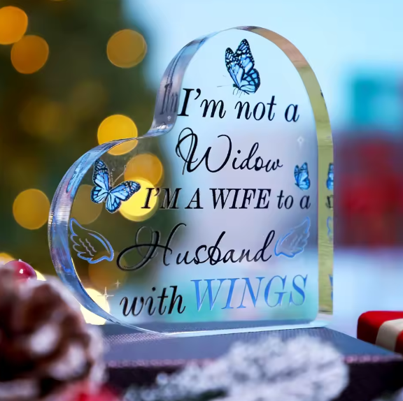 Acrylic Heart Keepsake Urn – “I’m a Wife to a Husband with Wings” Butterfly Design
