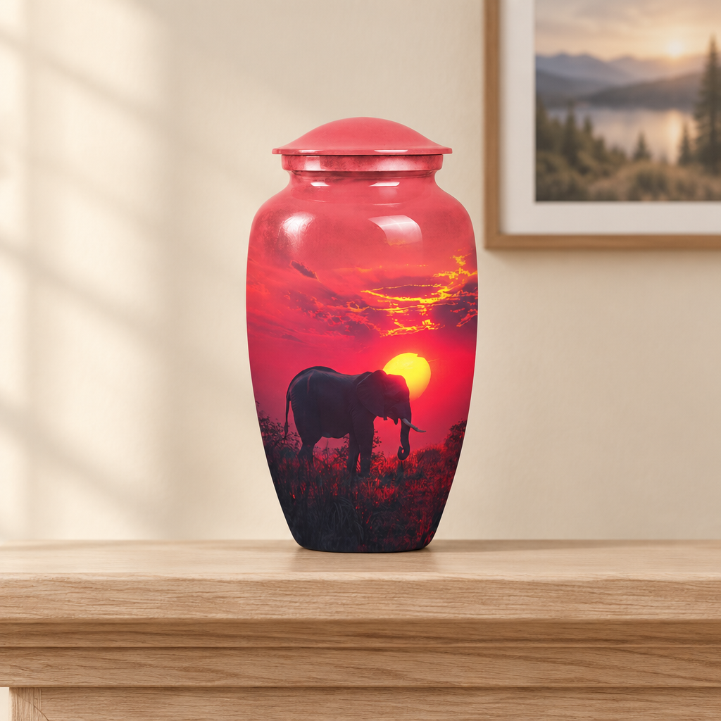 Elephant urn with a framed picture in the background