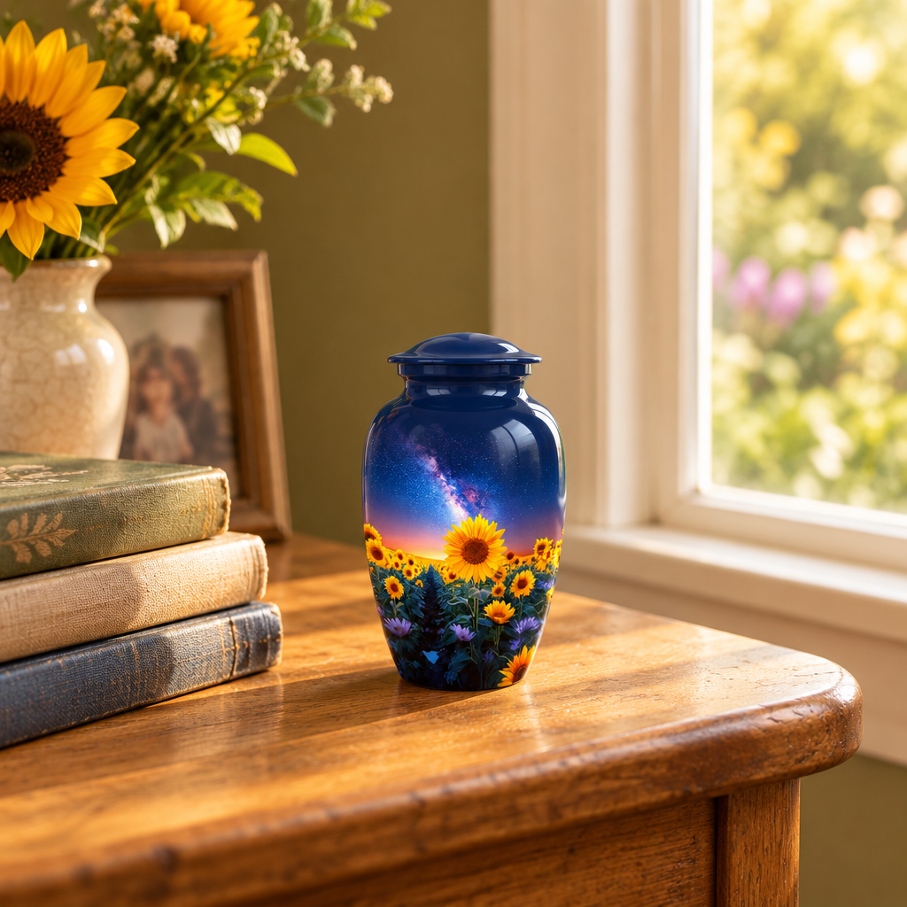 Single Sunflower keepsake urn on a weathered oak table beside a sunny garden window