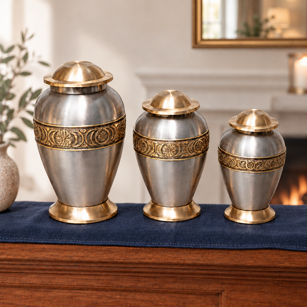 Silver Serenity brass memorial urns in three sizes on a wooden mantel with a navy blue runner and square wall mirror