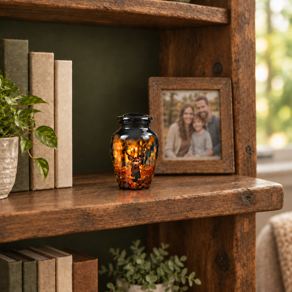 Small Deer keepsake urn on an aged handcrafted rustic oak bookcase in a family home