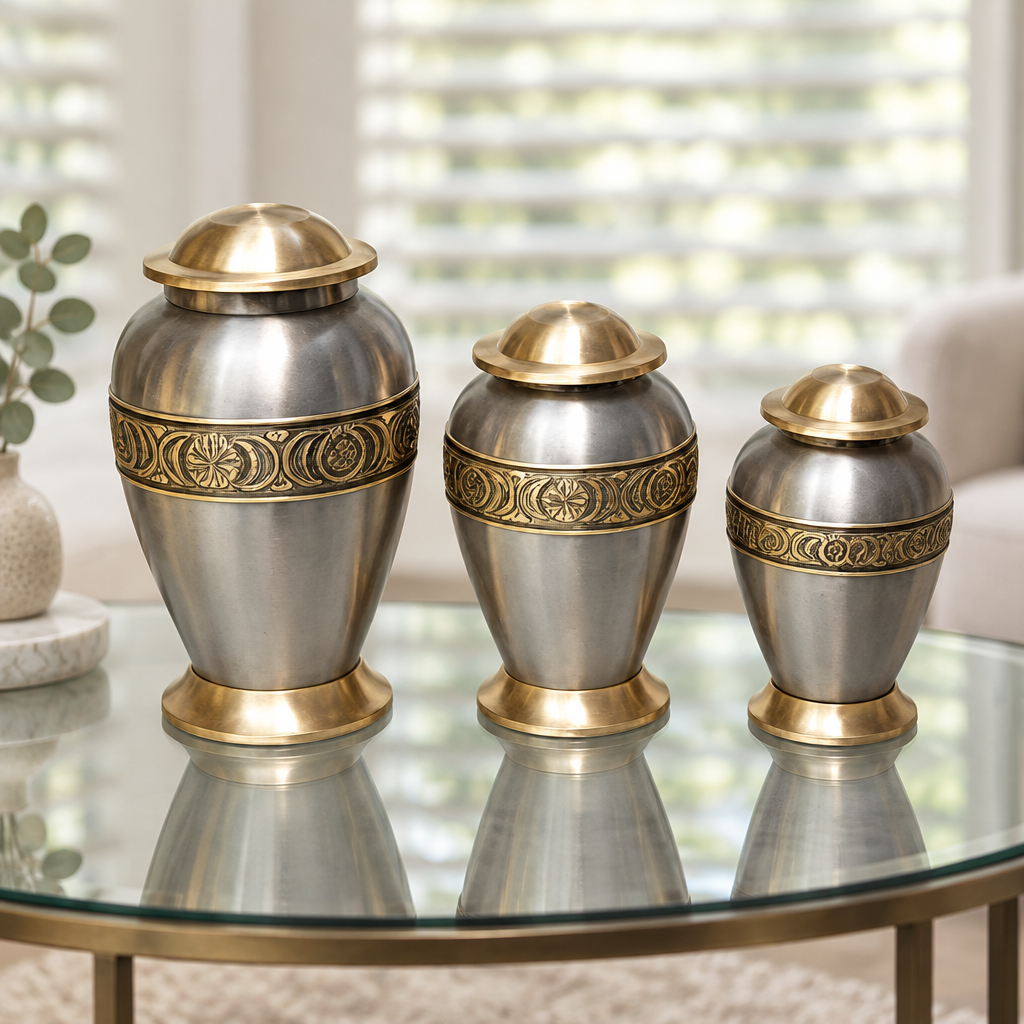 Three Silver Serenity brass memorial urns displayed on a glass table.