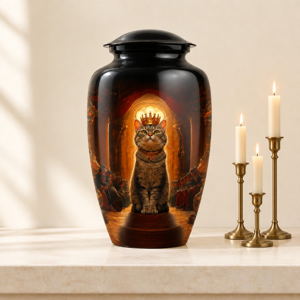 Crowned-cat memorial urn on a pale stone console with three brass candlesticks beside it; candlesticks not included