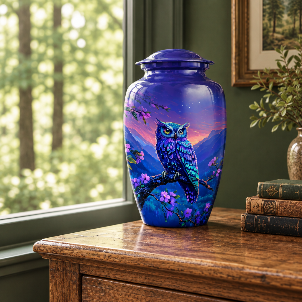 Owl memorial urn on an aged oak sideboard beside a window overlooking woodland trees