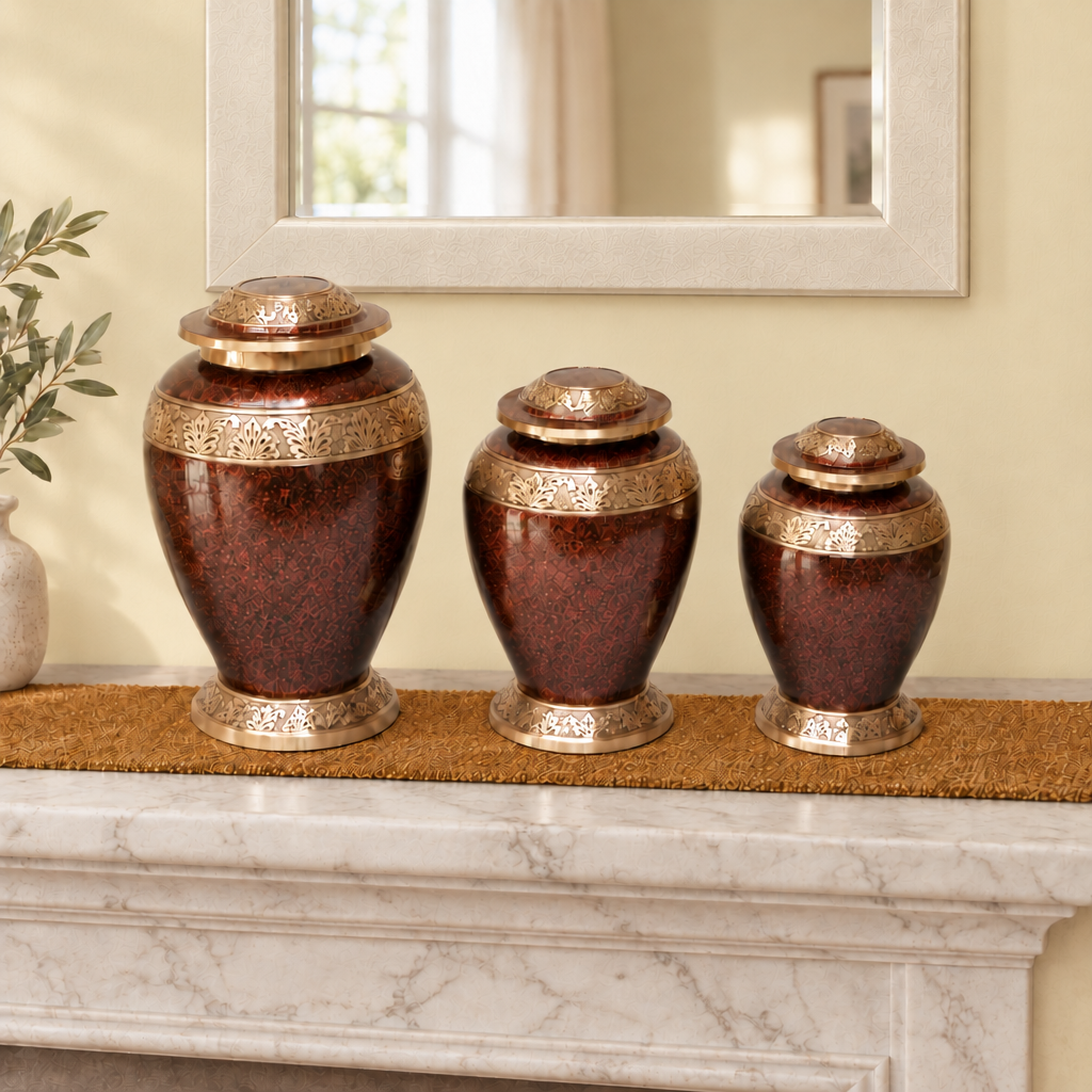Timeless Grace brass memorial urns in three sizes on a marble mantel with a mustard-yellow runner, soft yellow wall and off-white frame
