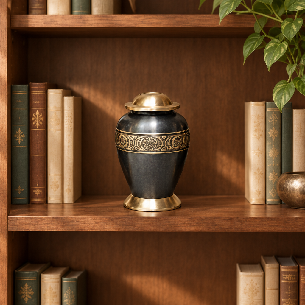 Medium Midnight Elegance brass memorial urn with bronze-coloured accents centred on a bookshelf.