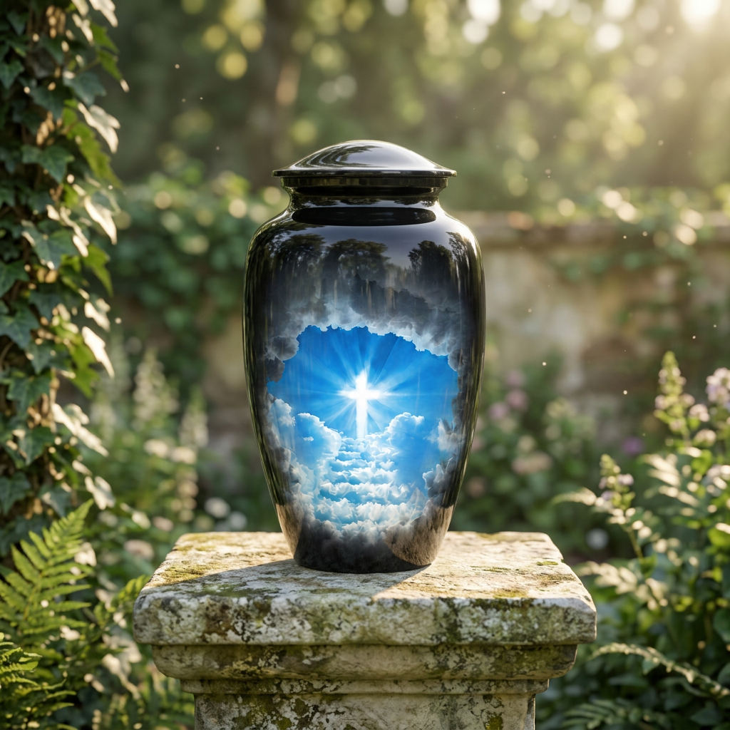 Jacob’s Ladder cremation urn on an aged stone pedestal in a peaceful outdoor garden