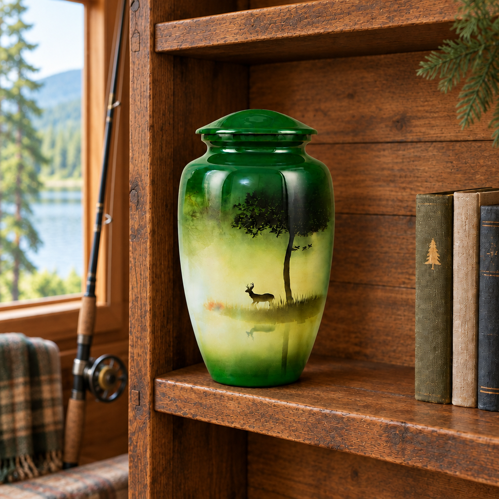 Majestic Deer aluminium urn on an aged wood bookshelf beside a cottage window, with a fishing rod in the background; props not included