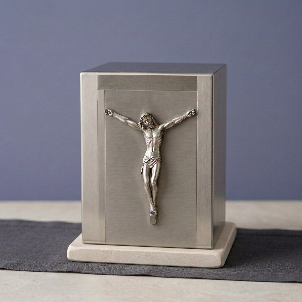 Cross of Salvation Brass Memorial Urn on a small stone pedestal with a charcoal runner against a bluish-purple wall
