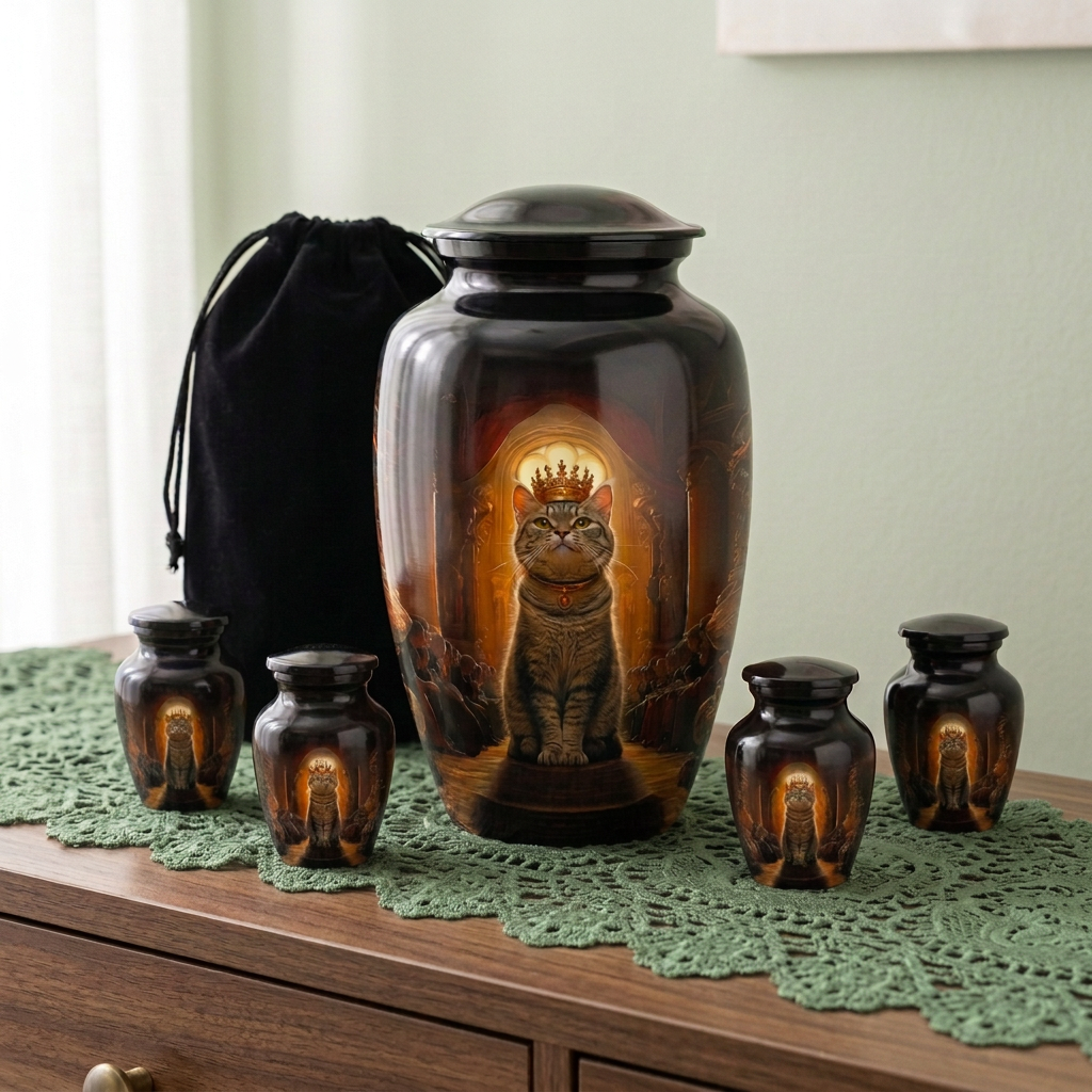 Forever Royal Large urn with four matching Keepsakes and black velvet carrying bag on a lighter sage-green lace runner