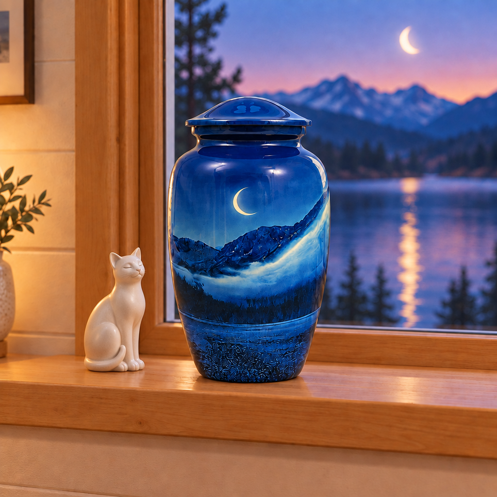 Blue Moonnight urn beside an ivory cat statue on a windowsill overlooking a moonlit mountain lake