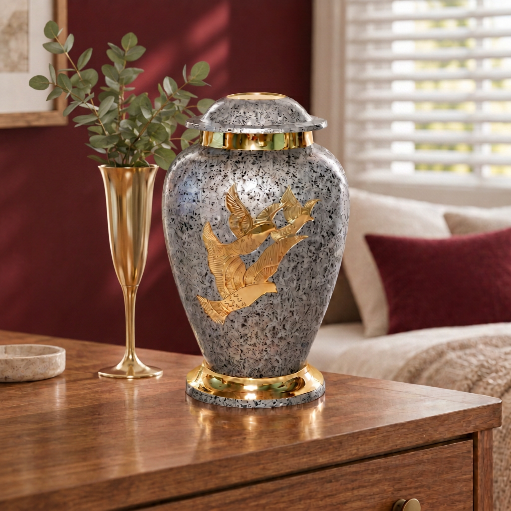 On the Wings of a Dove memorial urn on a wooden dresser with greenery in a tall gold flute vase