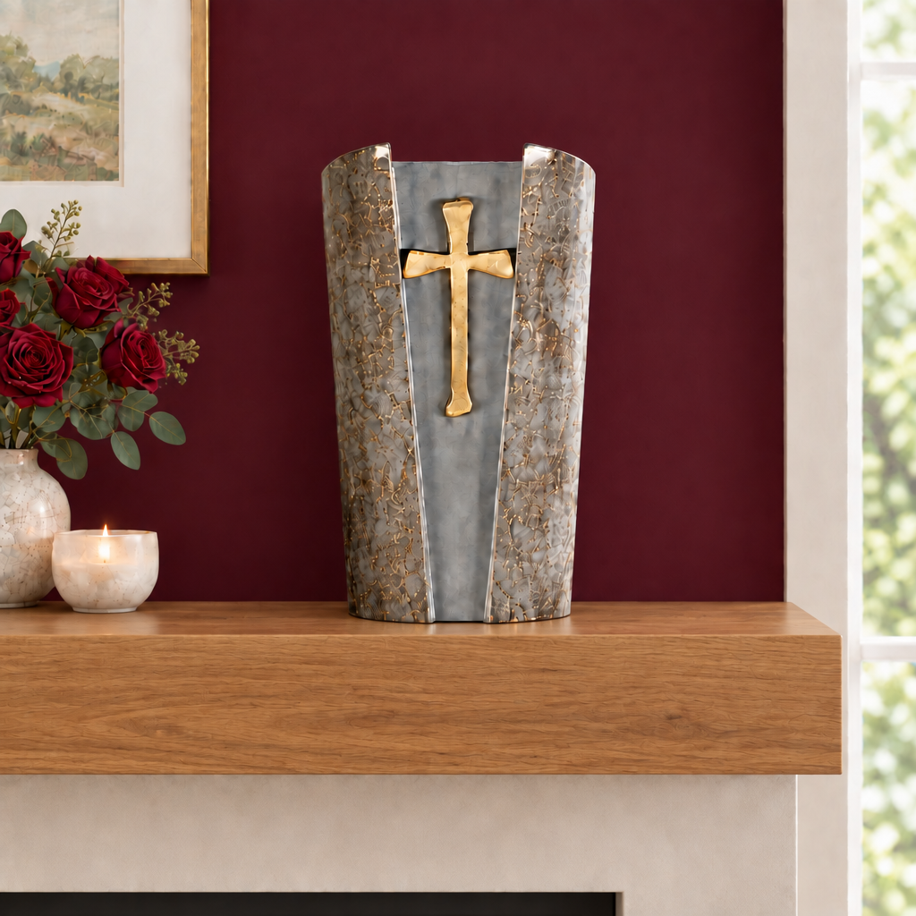 Cross memorial urn on a natural oak mantel against a burgundy wall with roses