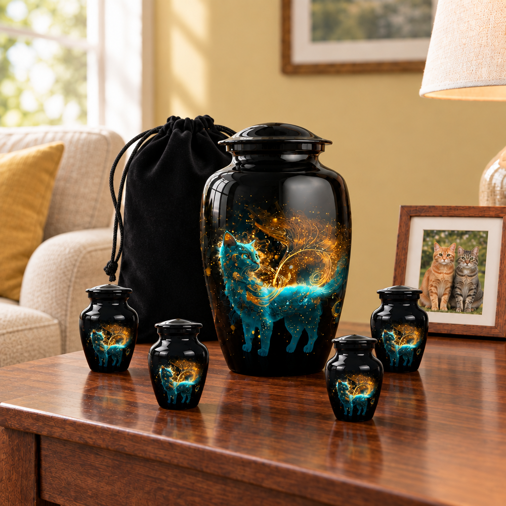 Large black cat-themed memorial urn, four matching Keepsake urns and black velvet drawstring bag on a walnut table in a warm yellow living-room setting.
