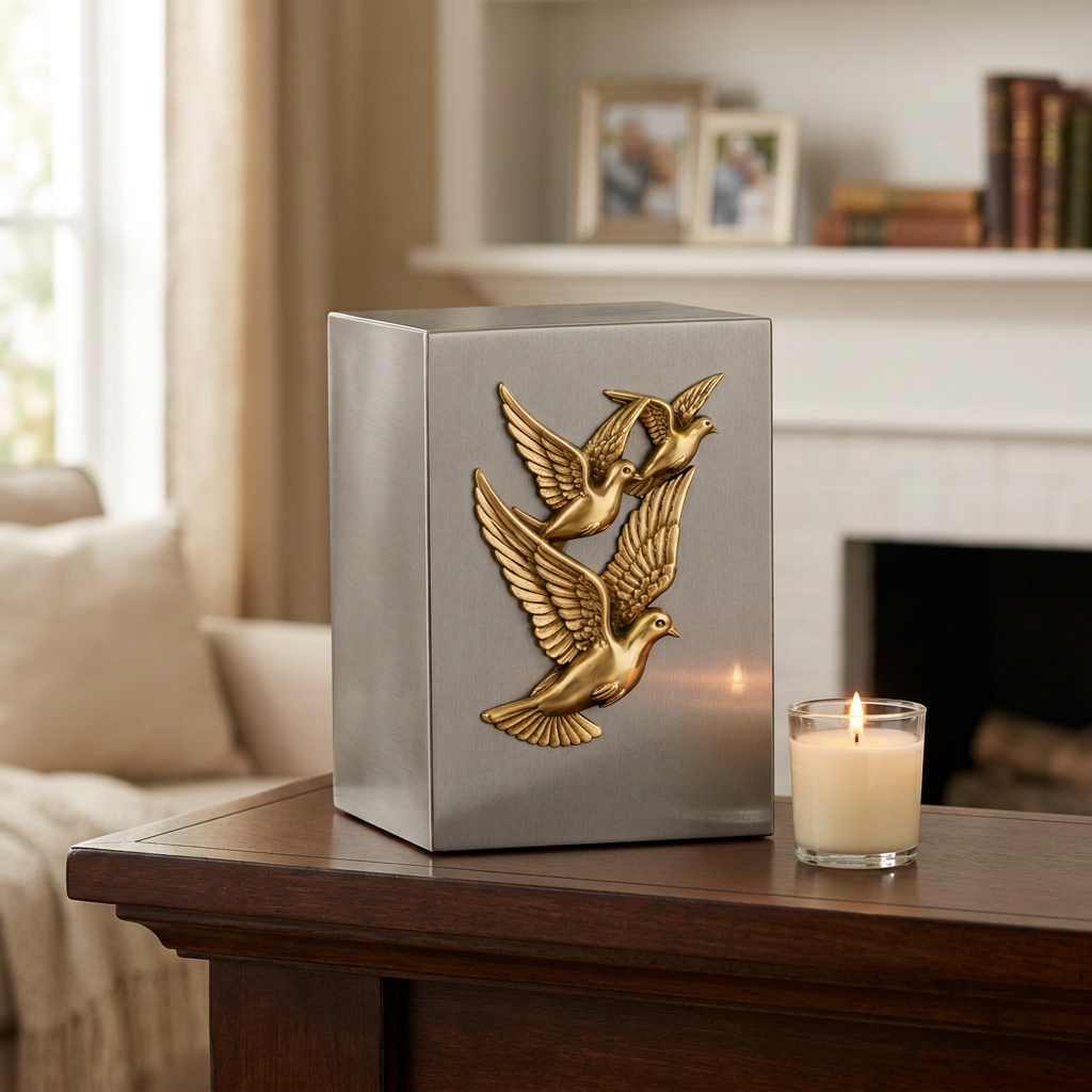 Peaceful Flight brass memorial urn on a dark wood mantel with a lit candle