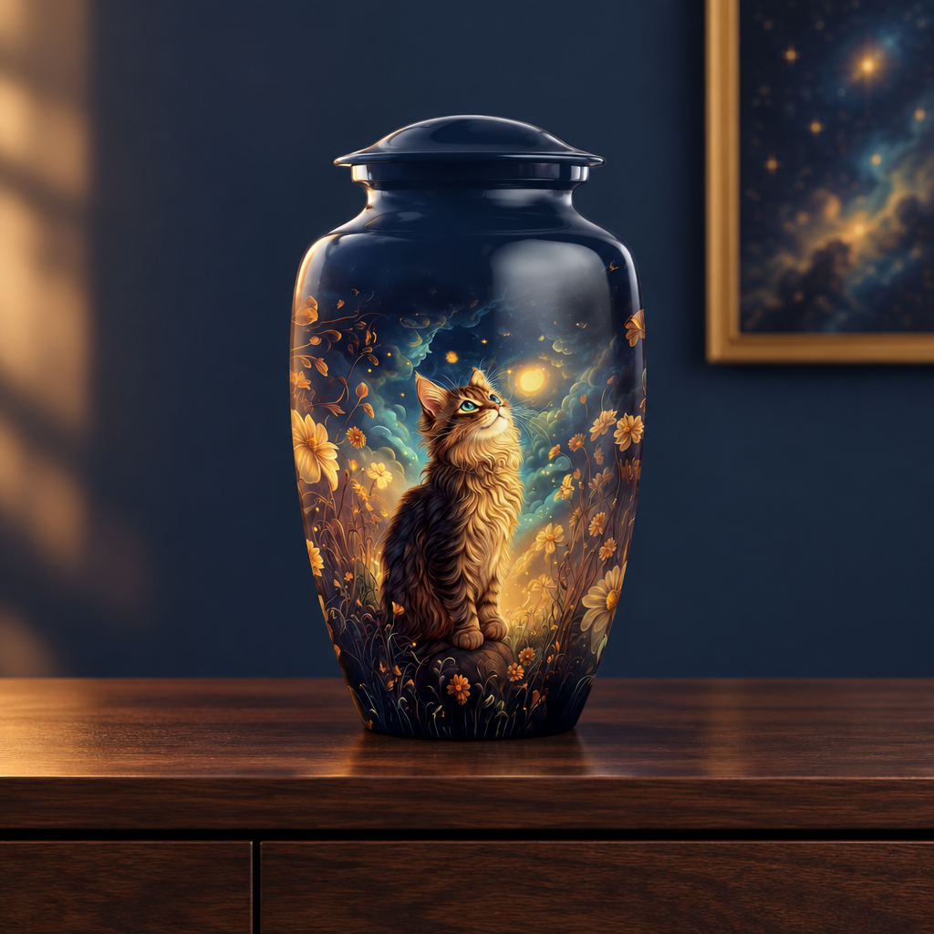 Cat-themed human memorial urn on dark wood against a midnight-blue wall with framed starry art in the background
