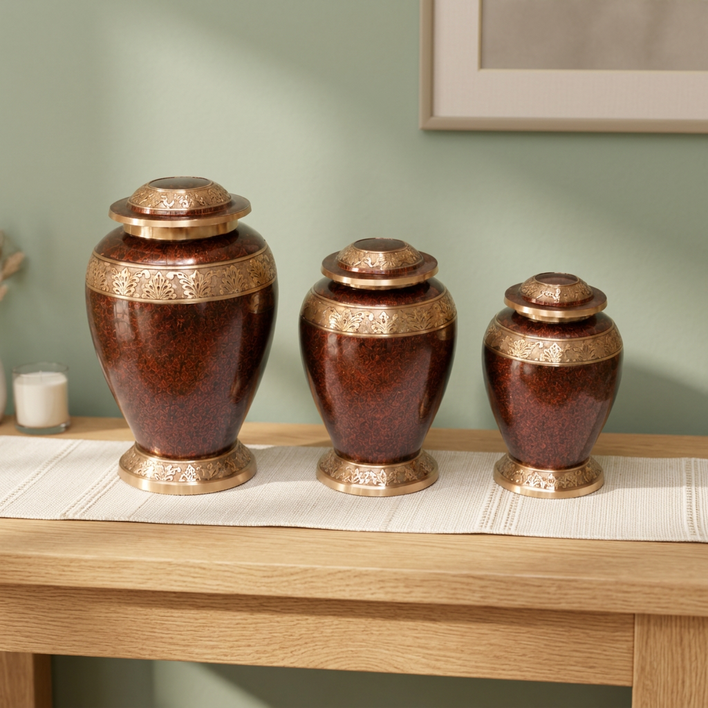 Timeless Grace brass memorial urns in three sizes on a light oak console against a sage green wall
