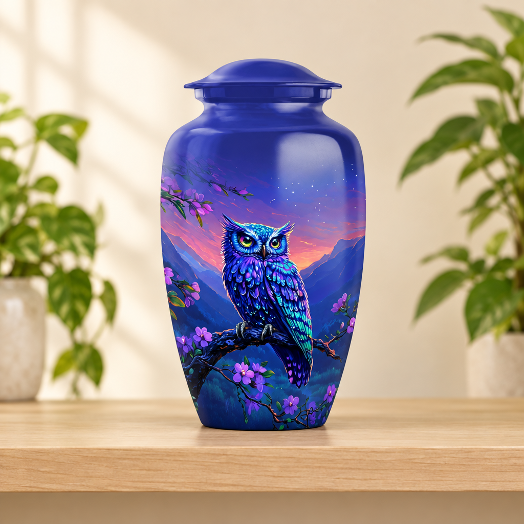 Owl memorial urn on a light wood shelf with green plants in the background; plants not included