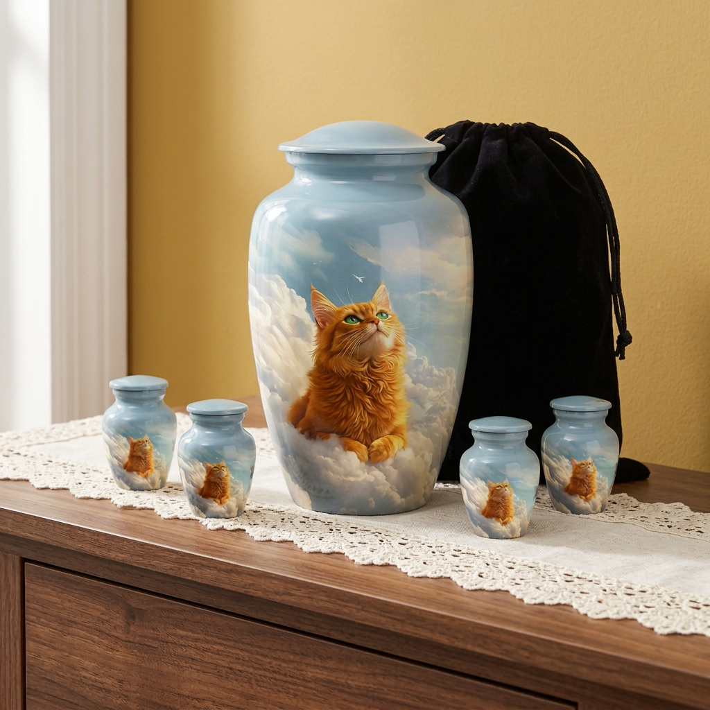 Peace in Heaven Large urn with four matching Keepsakes and black velvet carrying bag on a lace runner against a golden-yellow wall