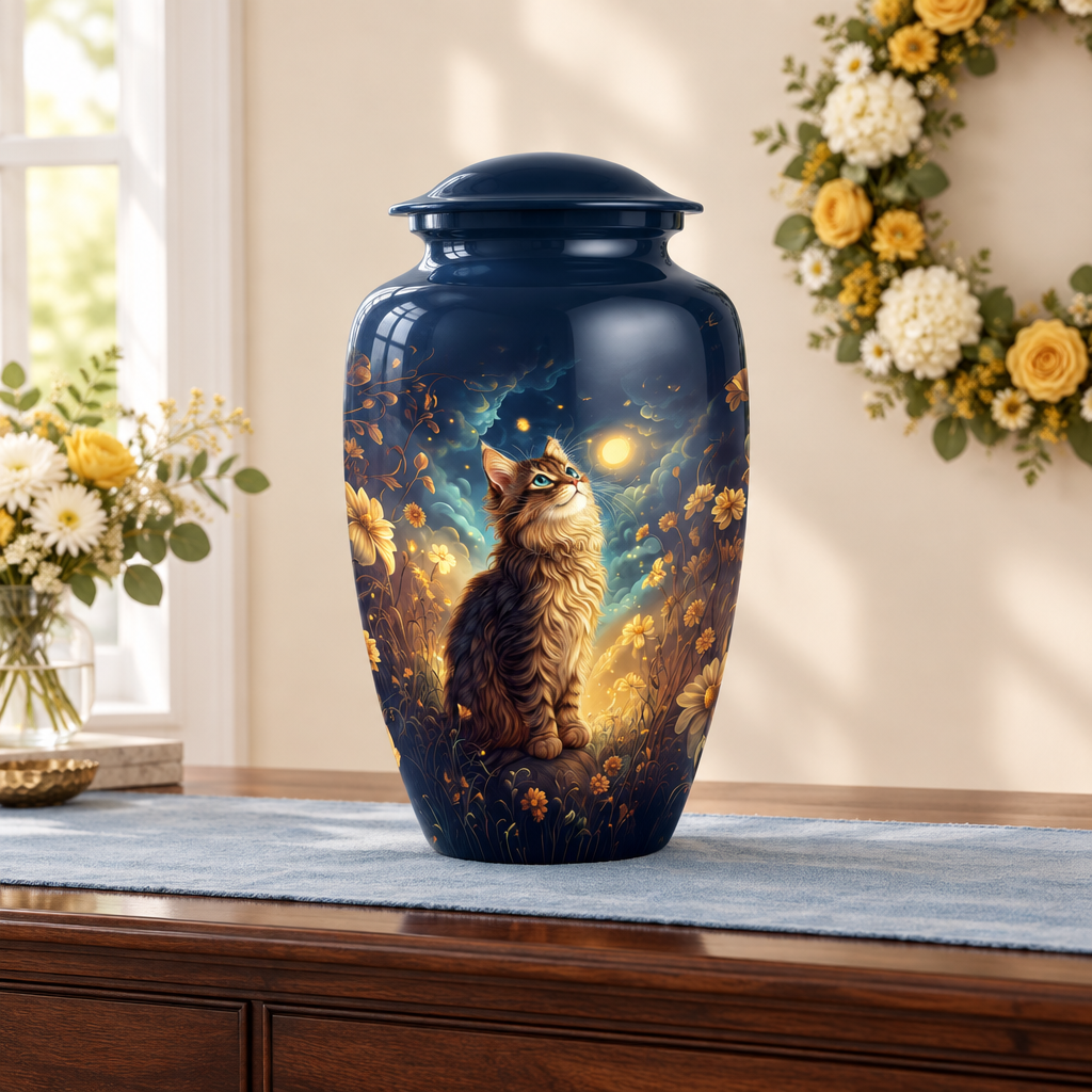 Gazing into Heaven cat-themed memorial urn on dark walnut wood with a pale blue runner and yellow-and-white wreath
