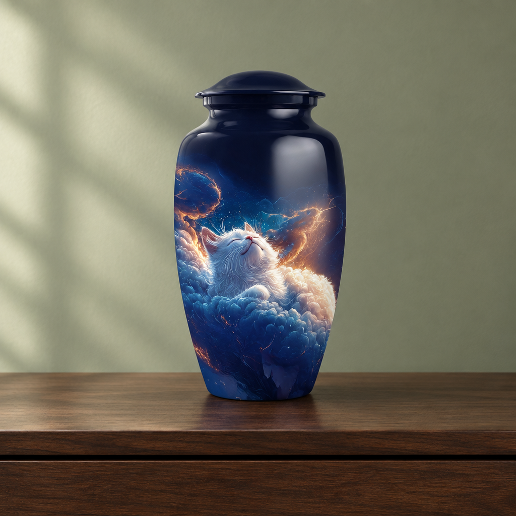 Cat-themed human memorial urn on dark wood against a muted green wall