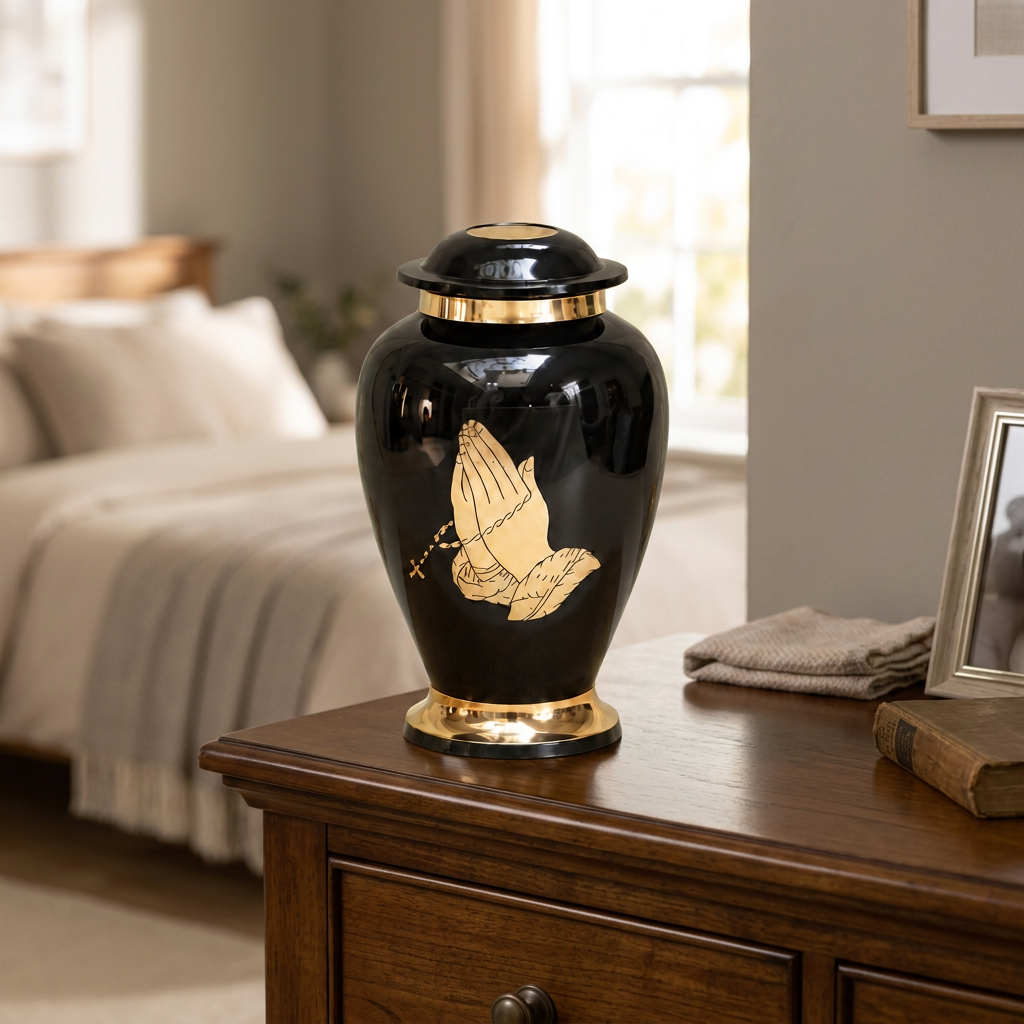 Praying Hands black and gold memorial urn on a tallboy chest of drawers in a softly lit bedroom