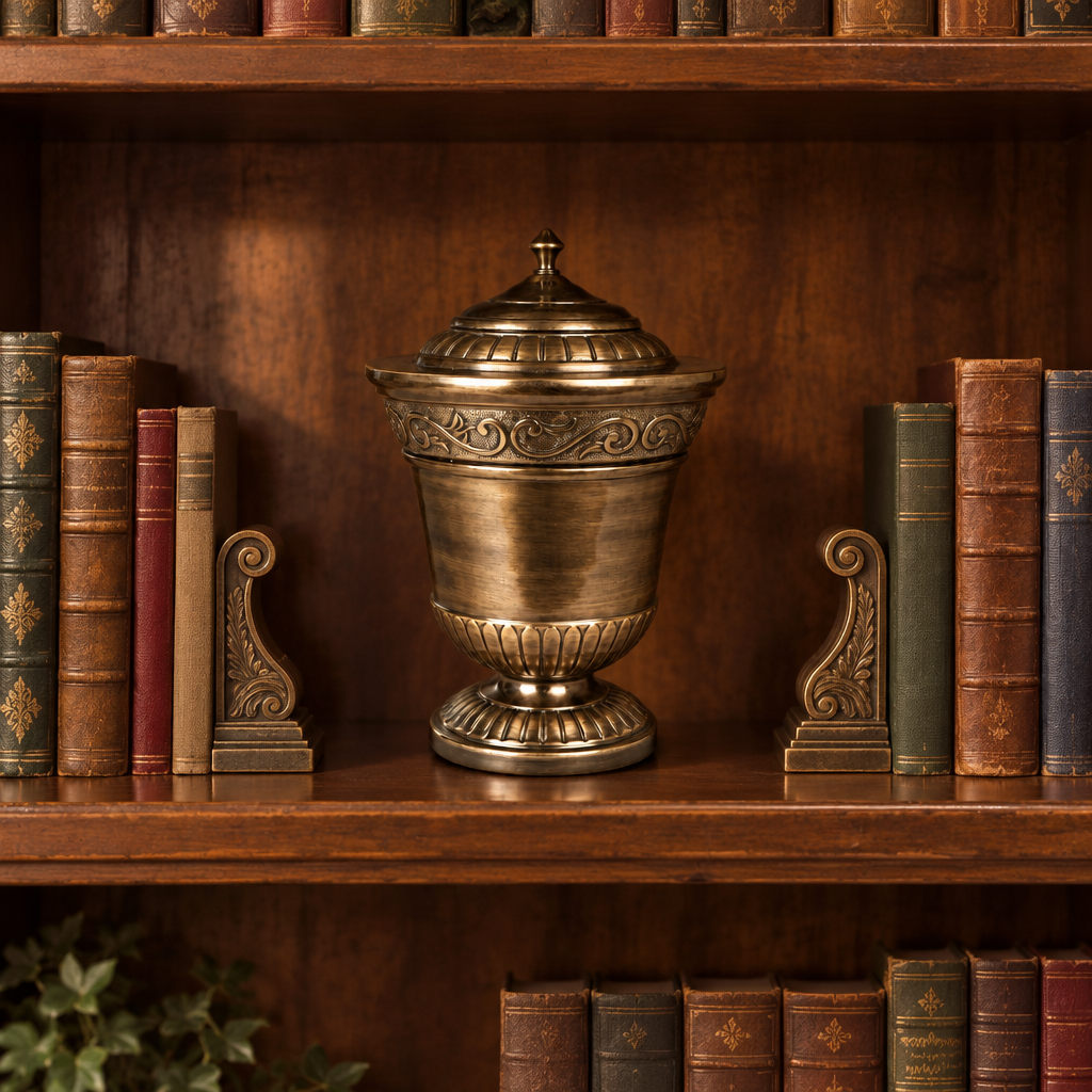 Heritage Elegance bronze-coloured memorial urn in an aged wooden bookcase with books and bookends