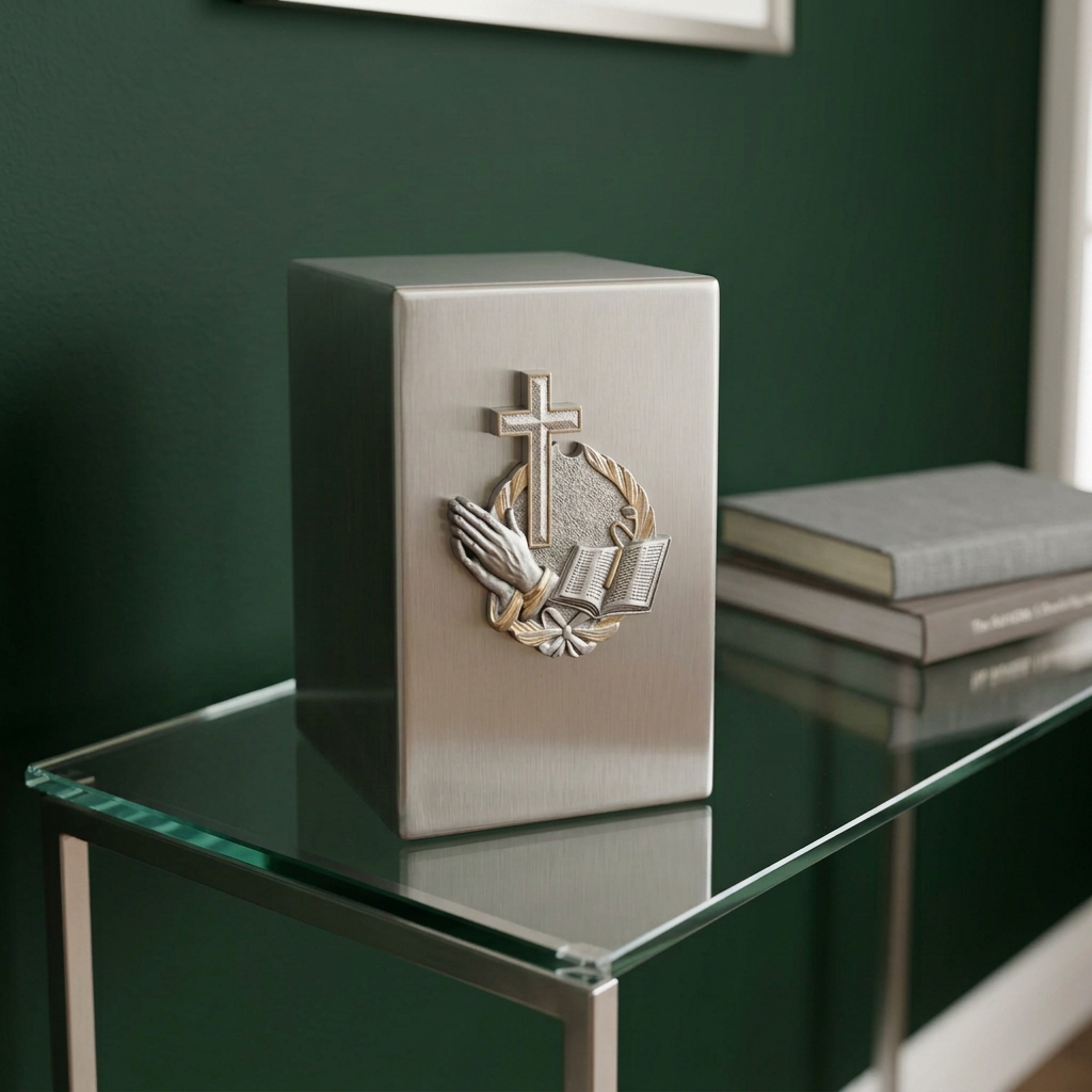 Faith and Prayer Brass Memorial Urn on a glass console beside a small stack of books against a dark green wall