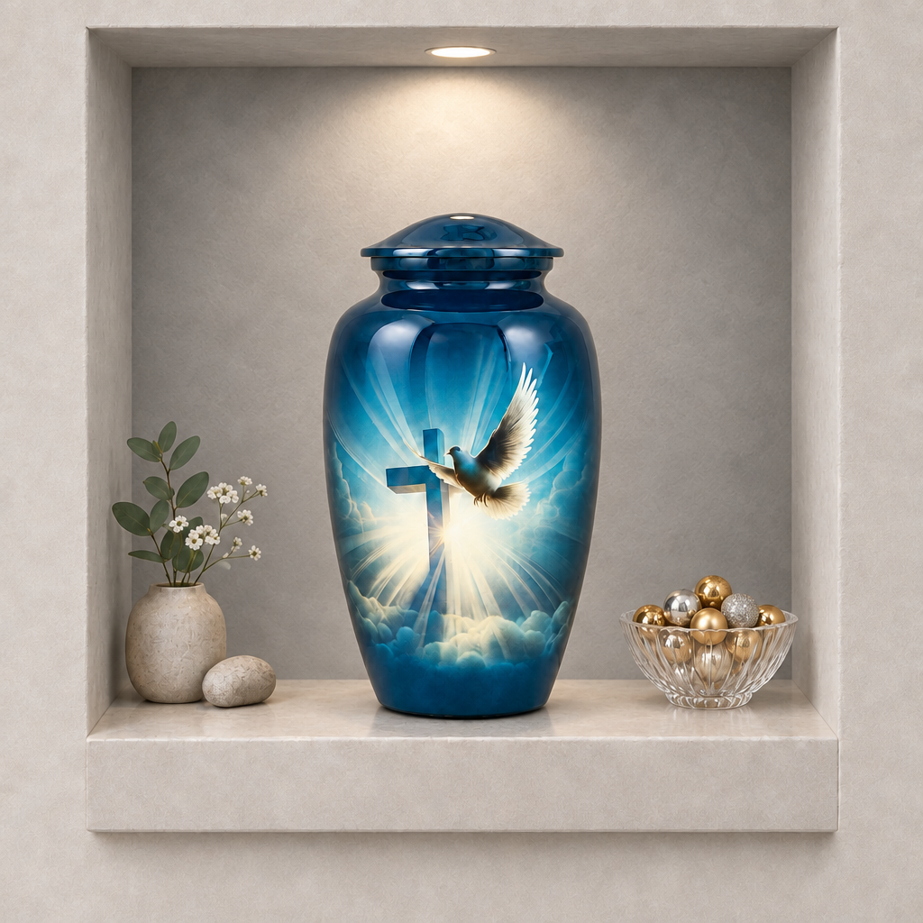Wings of Peace aluminium urn displayed in a softly lit grey wall niche with a crystal bowl of gold and silver ornaments; props not included
