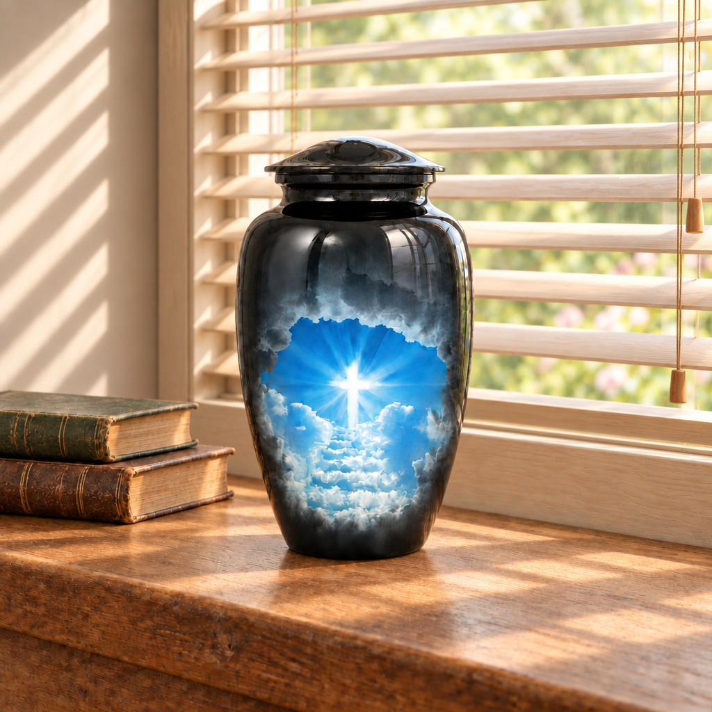 Jacob’s Ladder aluminium urn on a wooden windowsill beside books, with sunlight through louvered blinds; props not included