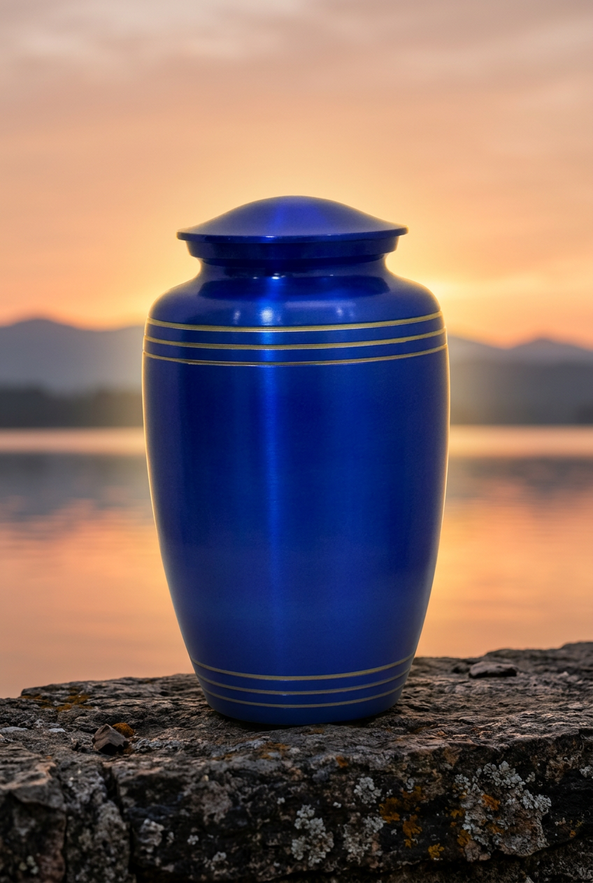 Royal Blue Cremation Urn sunset lake background