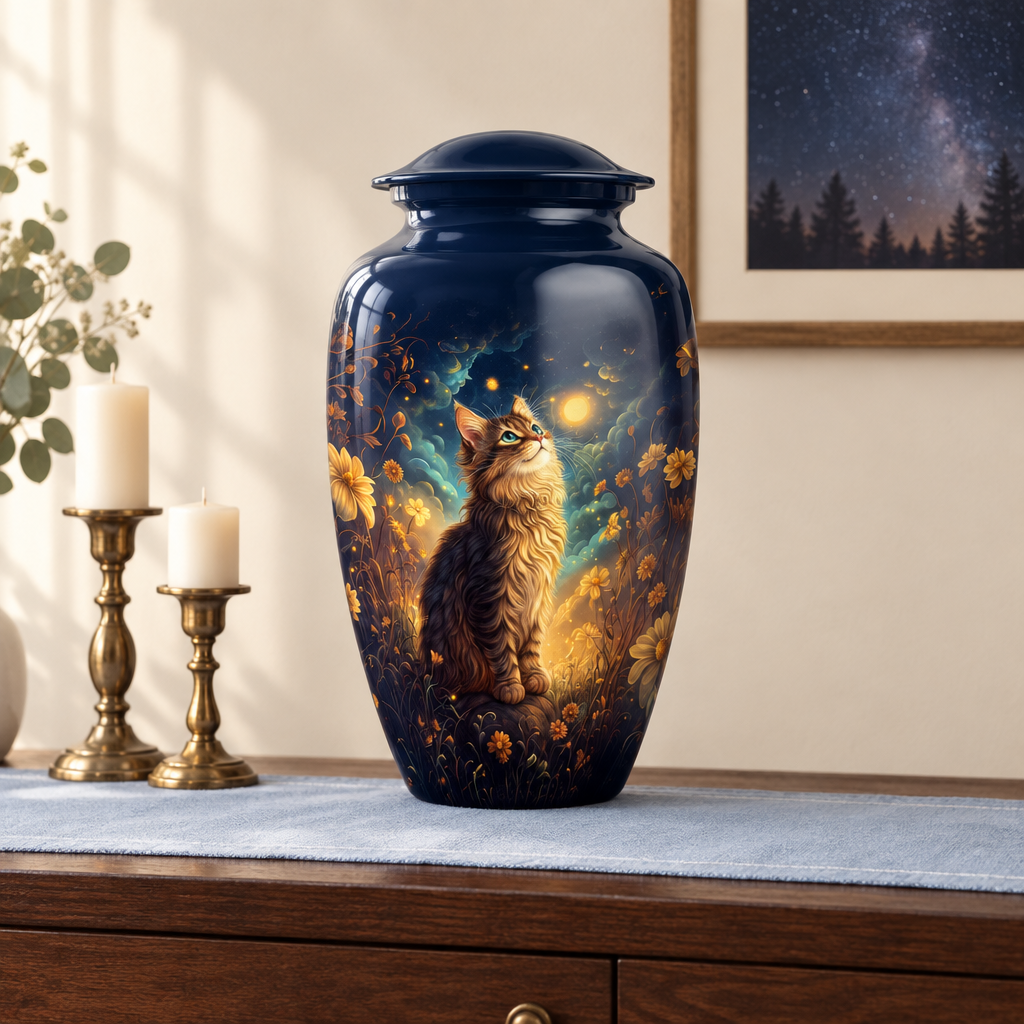 Looking into the Stars memorial urn on dark walnut wood with a pale blue runner, brass candlesticks and a framed starry sky