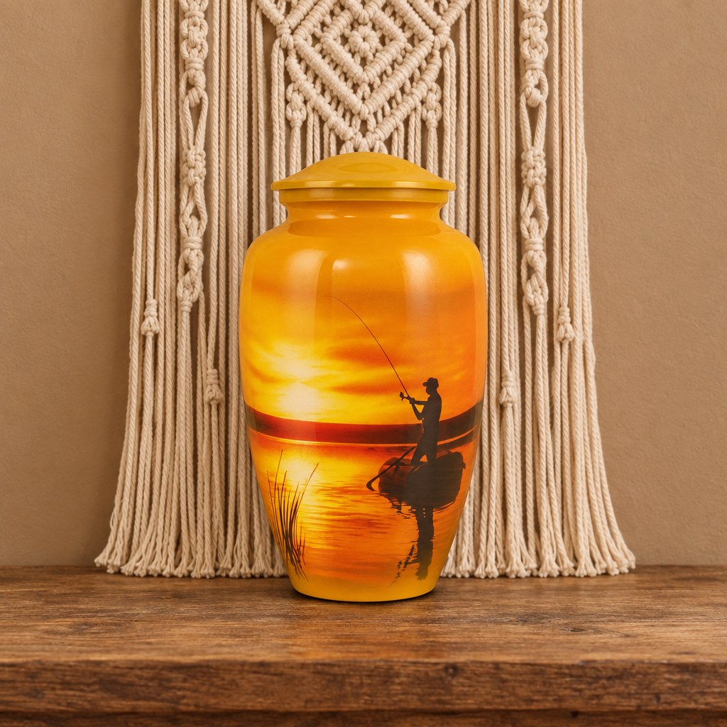 Golden Low Sunset Fishing memorial urn on a rustic wooden table with long cream macramé extending behind it against a light-brown wall.