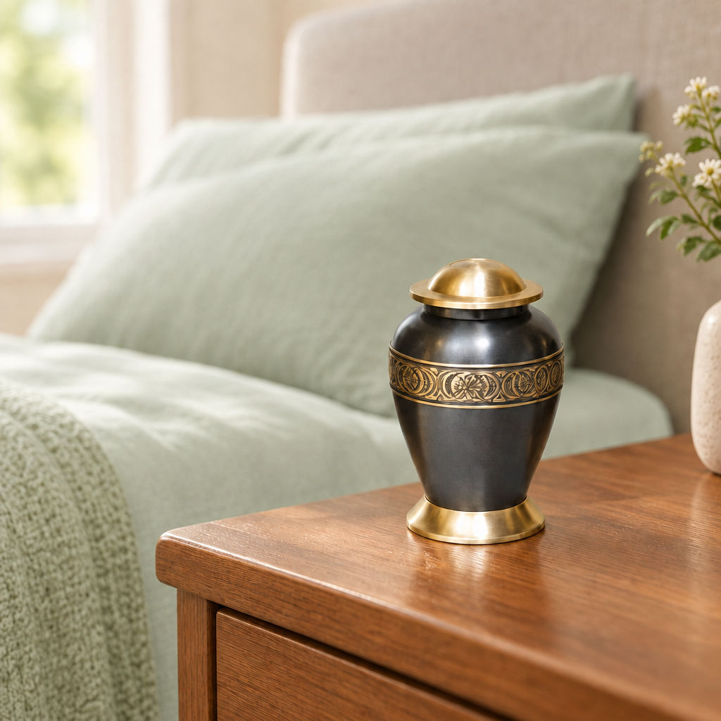 Small Midnight Elegance brass memorial urn on a bedside table in a bedroom with light-green pillow and sheets.
