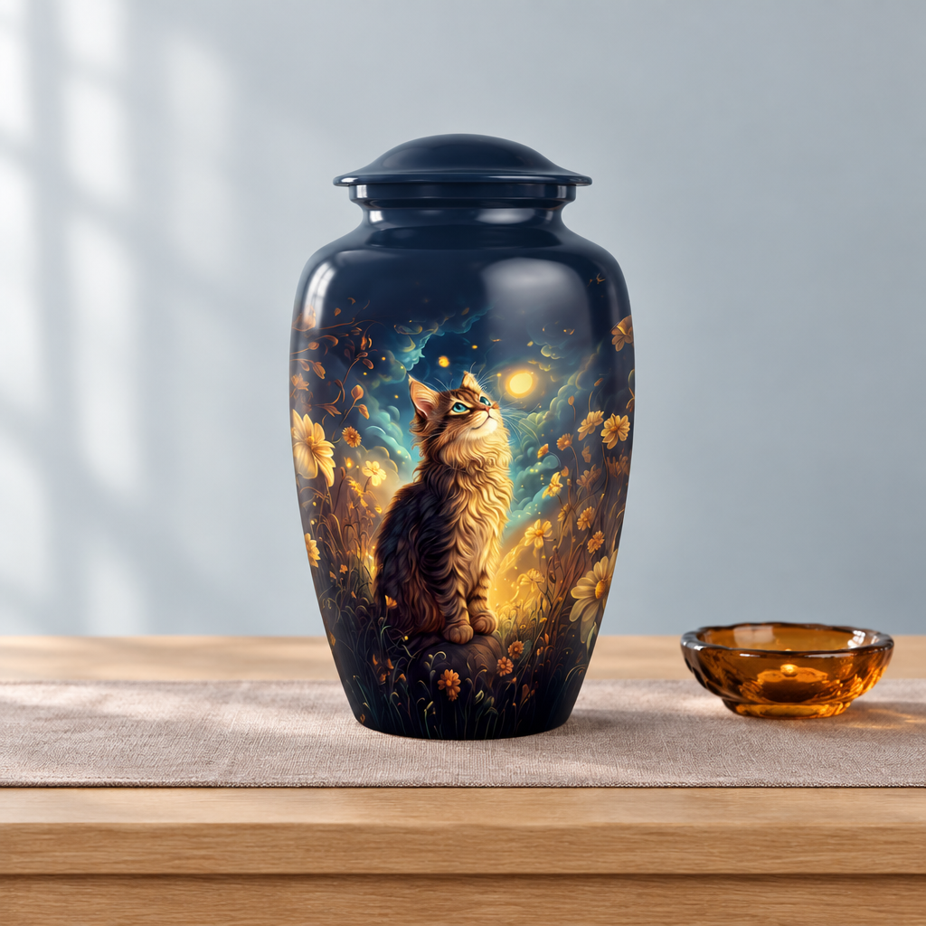 Looking into the Stars memorial urn on a linen runner with an amber glass dish beside it; props not included