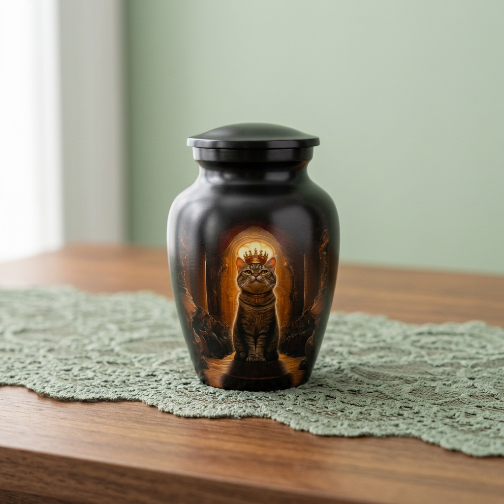 Single Forever Royal small Keepsake urn on a lighter sage-green lace runner against a light sage wall