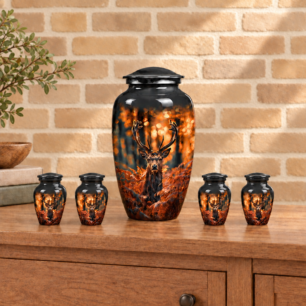 Deer memorial urn with four keepsakes on an oak console against sandy beige brick