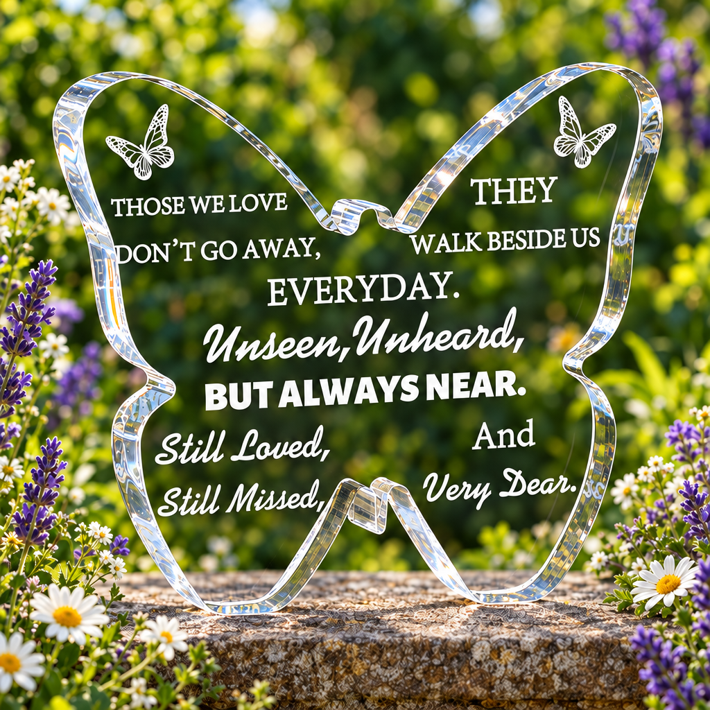 Butterfly-shaped acrylic memorial keepsake on a stone ledge in a richly coloured wildflower garden; garden and ledge not included
