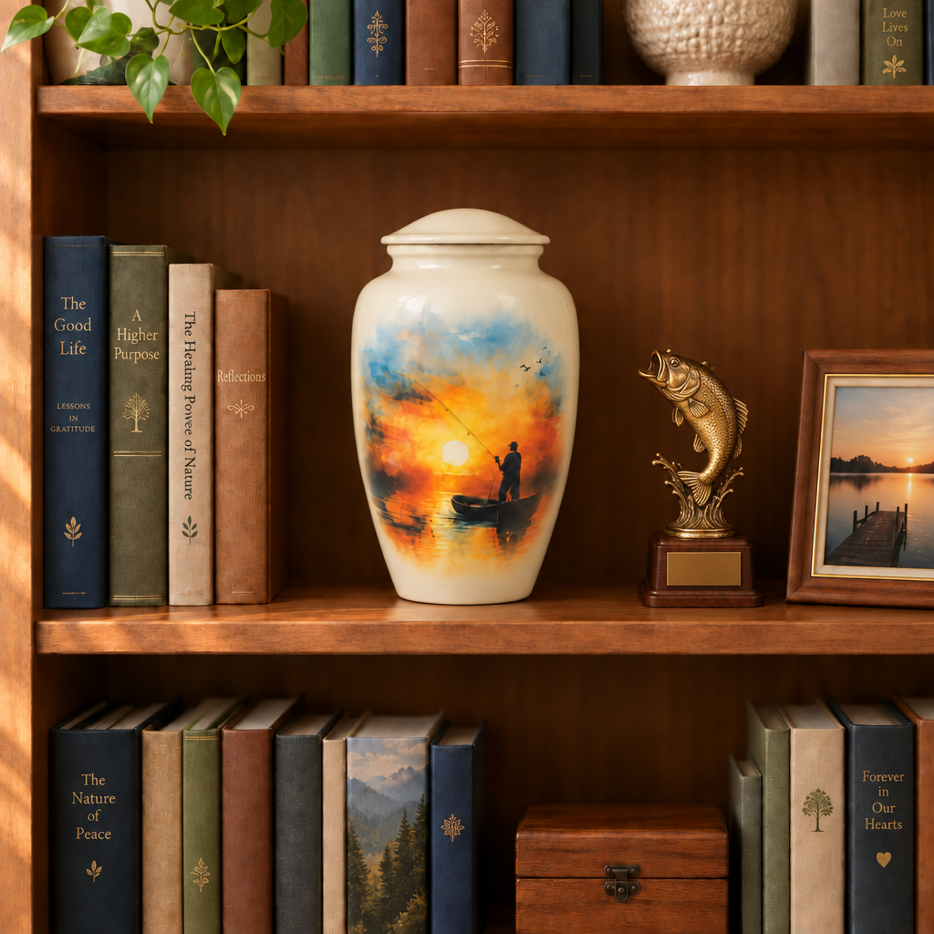 Sunset Peaceful Fishing aluminium urn on a wooden bookshelf with a fishing trophy