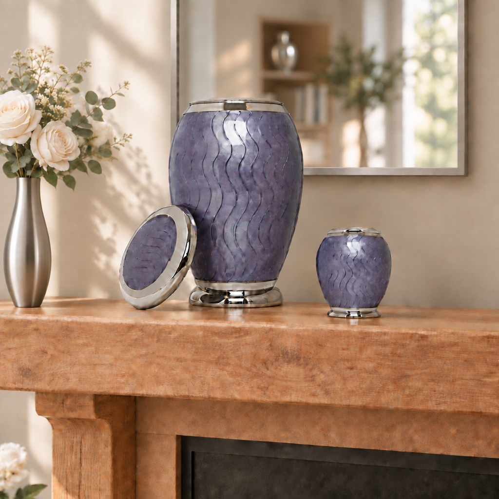 Violet Serenity brass urns on an oak mantel with silver vases and a square mirror