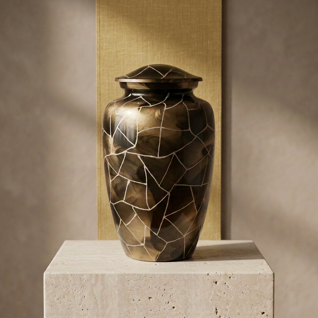Golden Mosaic Cremation Urn on a stone pedestal with a long yellow linen runner hanging on the wall behind it