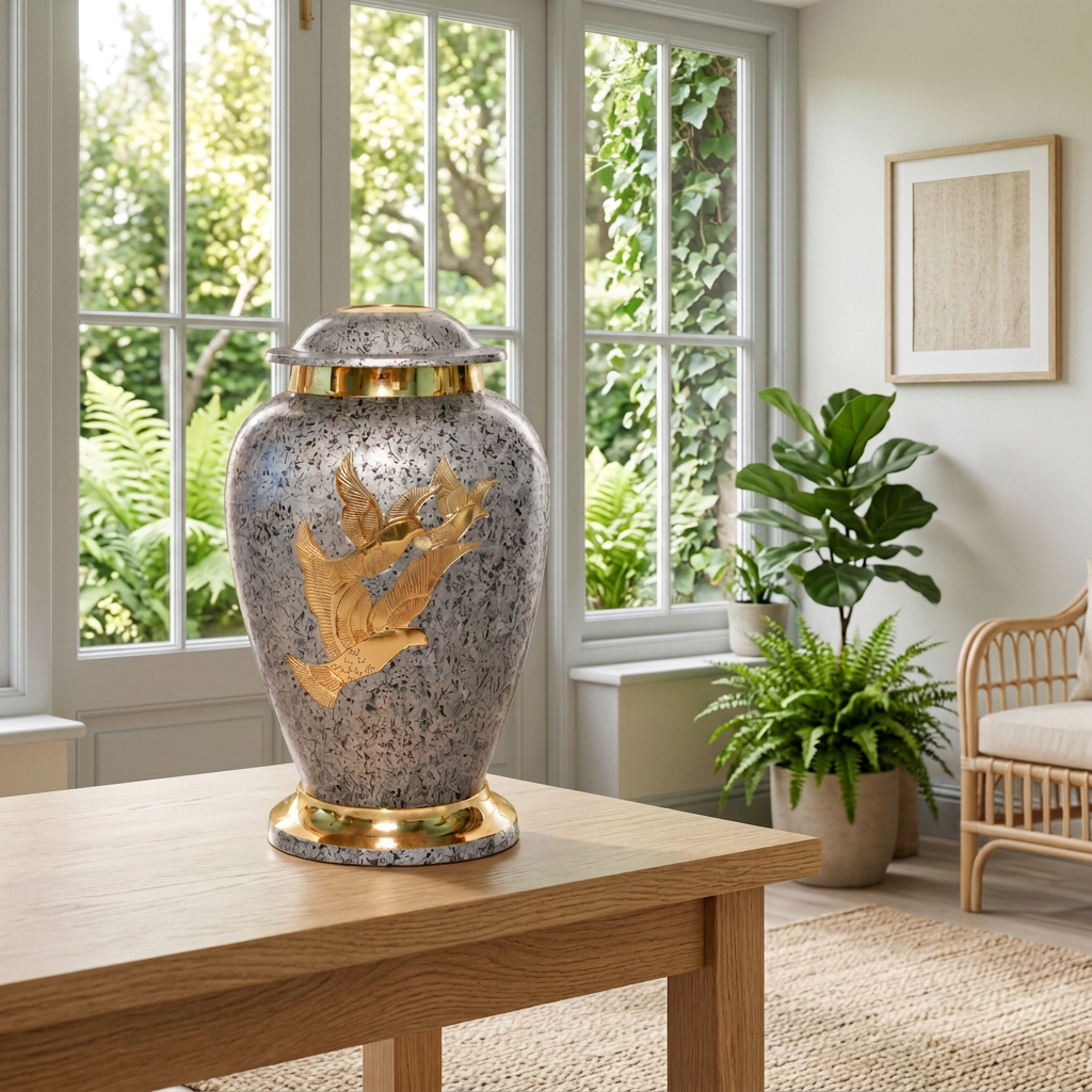 On the Wings of a Dove memorial urn in a sunroom with light grey window frames and trees outside