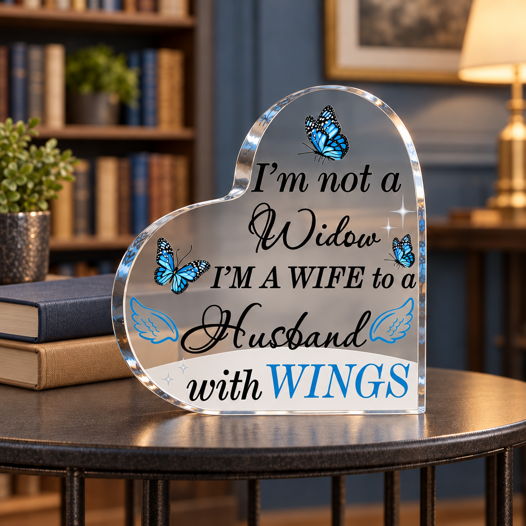 Heart-shaped acrylic Husband with Wings memorial keepsake on an iron-frame table in a study, with two books; table and books not included
