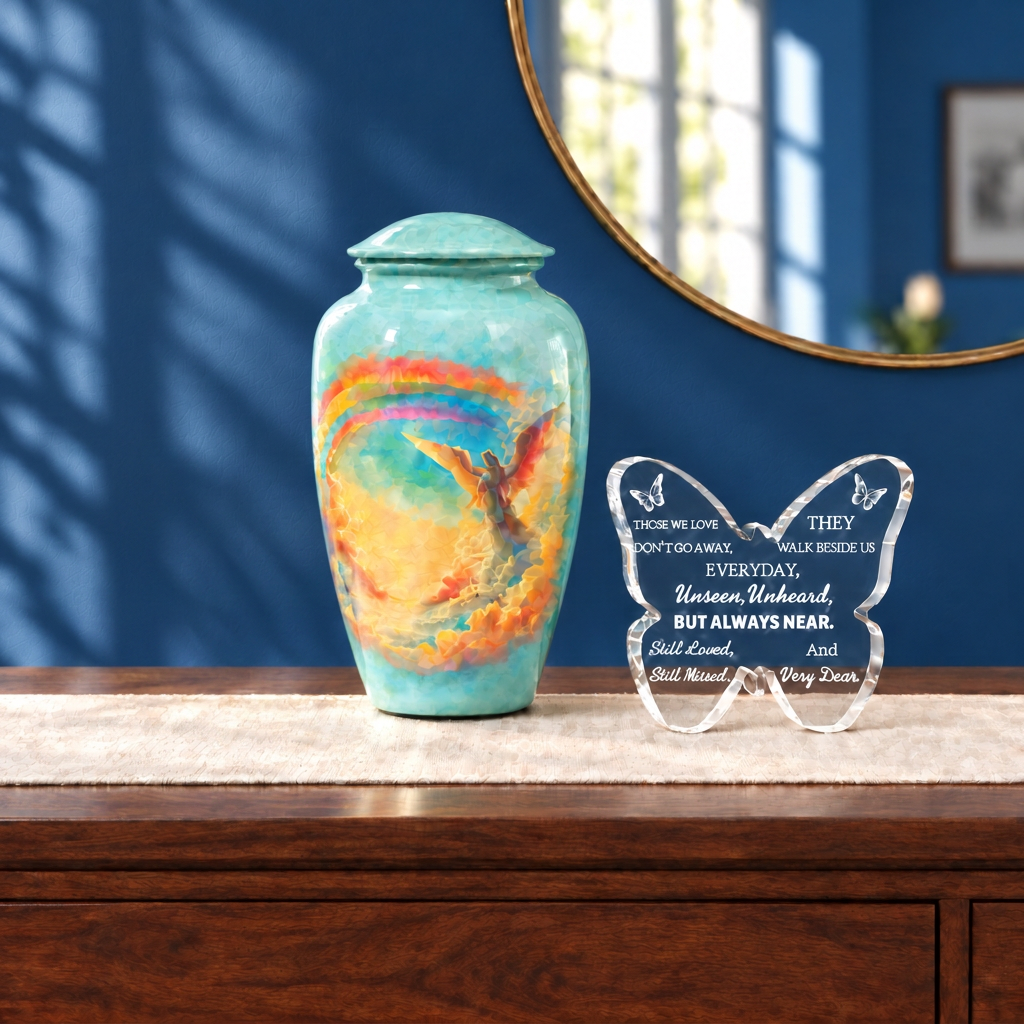 Meet Your Angel in the Rainbow large urn beside a clear acrylic butterfly memorial keepsake