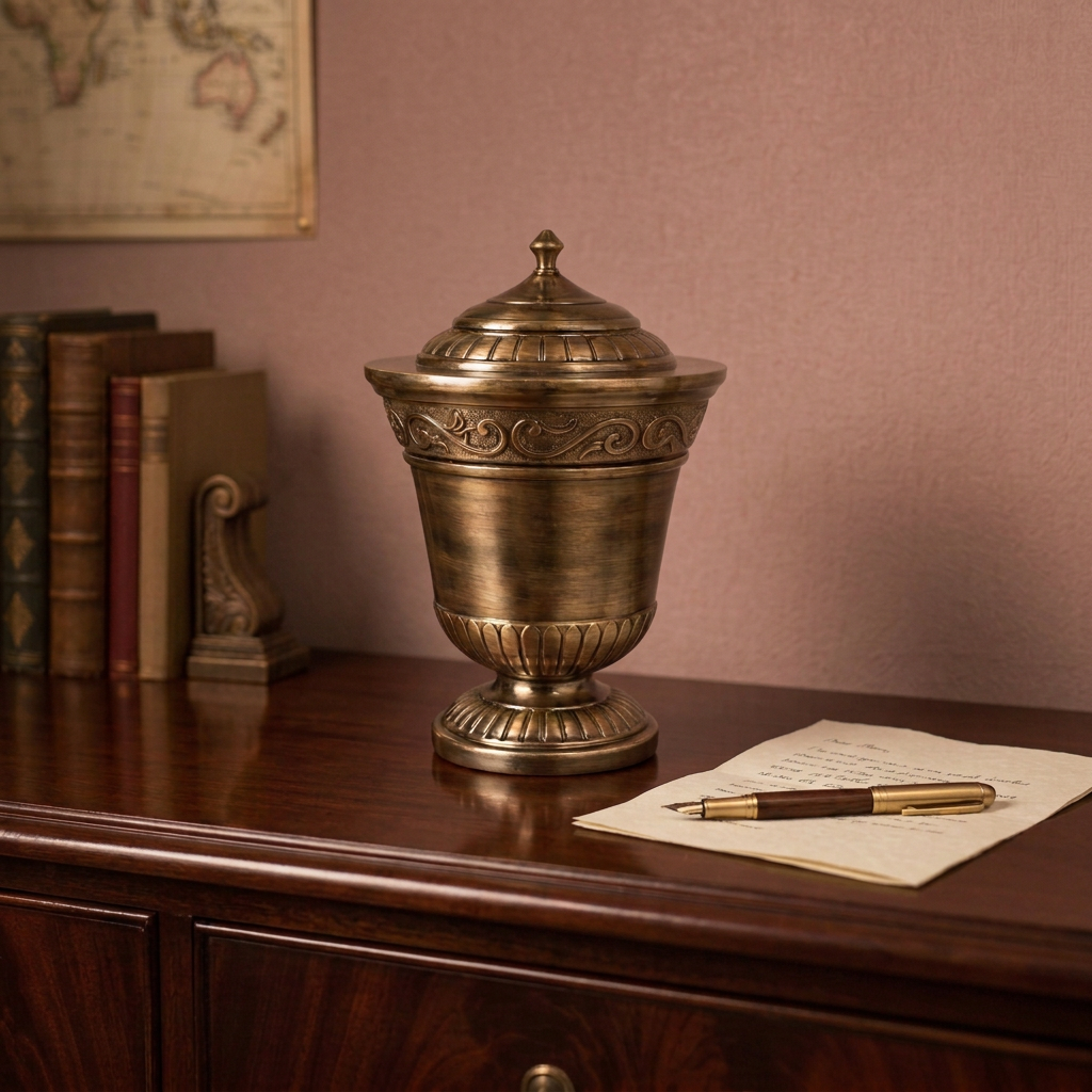 Heritage Elegance bronze memorial urn on a mahogany sideboard with a fountain pen and folded letter against a light warm wall