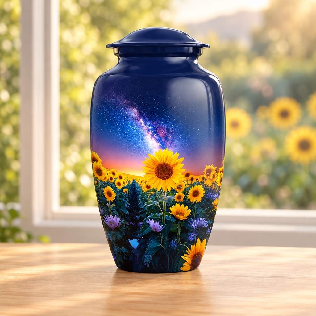 Sunflower memorial urn on a wooden surface by a window with a blurred sunflower garden outside