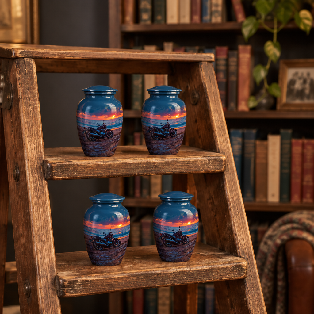 Four Motorcycle keepsake urns on a weathered wooden ladder in front of a bookshelf