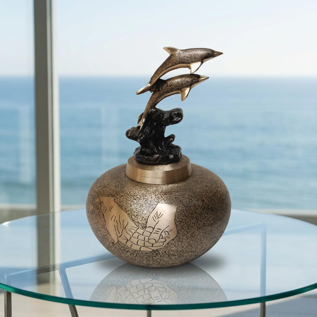Dolphin Serenity Memorial Urn on a glass table beside an ocean-facing window