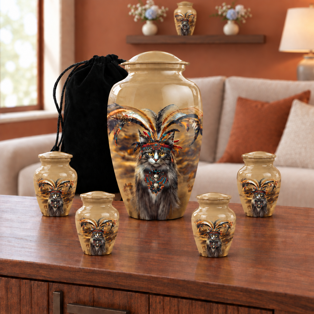 Golden cat-themed memorial urn and four matching Keepsakes on a living-room table, with a matching Large urn between flowers on a floating shelf in the background.