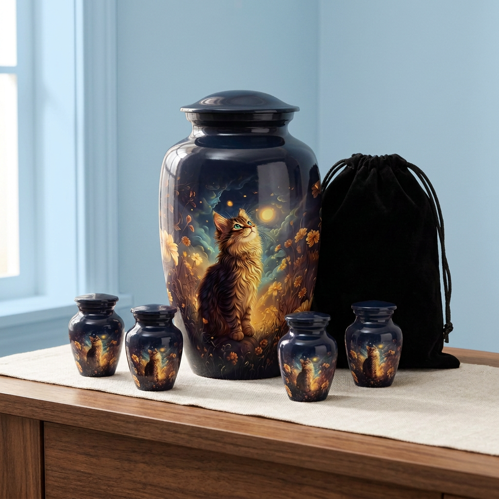 Looking into the Stars Large urn with four matching small Keepsakes and a black velvet carrying bag against a light blue wall